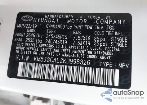 2019 Hyundai Tucson Sport from USA, damaged, VIN KM8J3CAL2KU998326